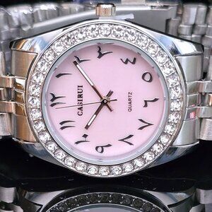 Casiru Ladies Rhinestone Bezel w/Pink Shell Dial Quartz Watch Stainless Bracelet